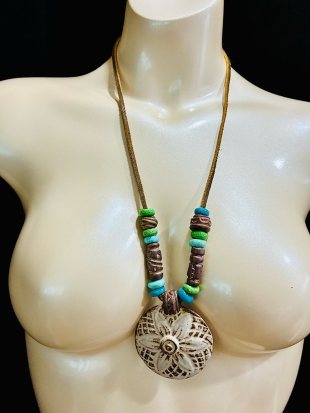Handcrafted Ceramic Flower Pendant Textured Medallion Necklace Turquoise & Green
